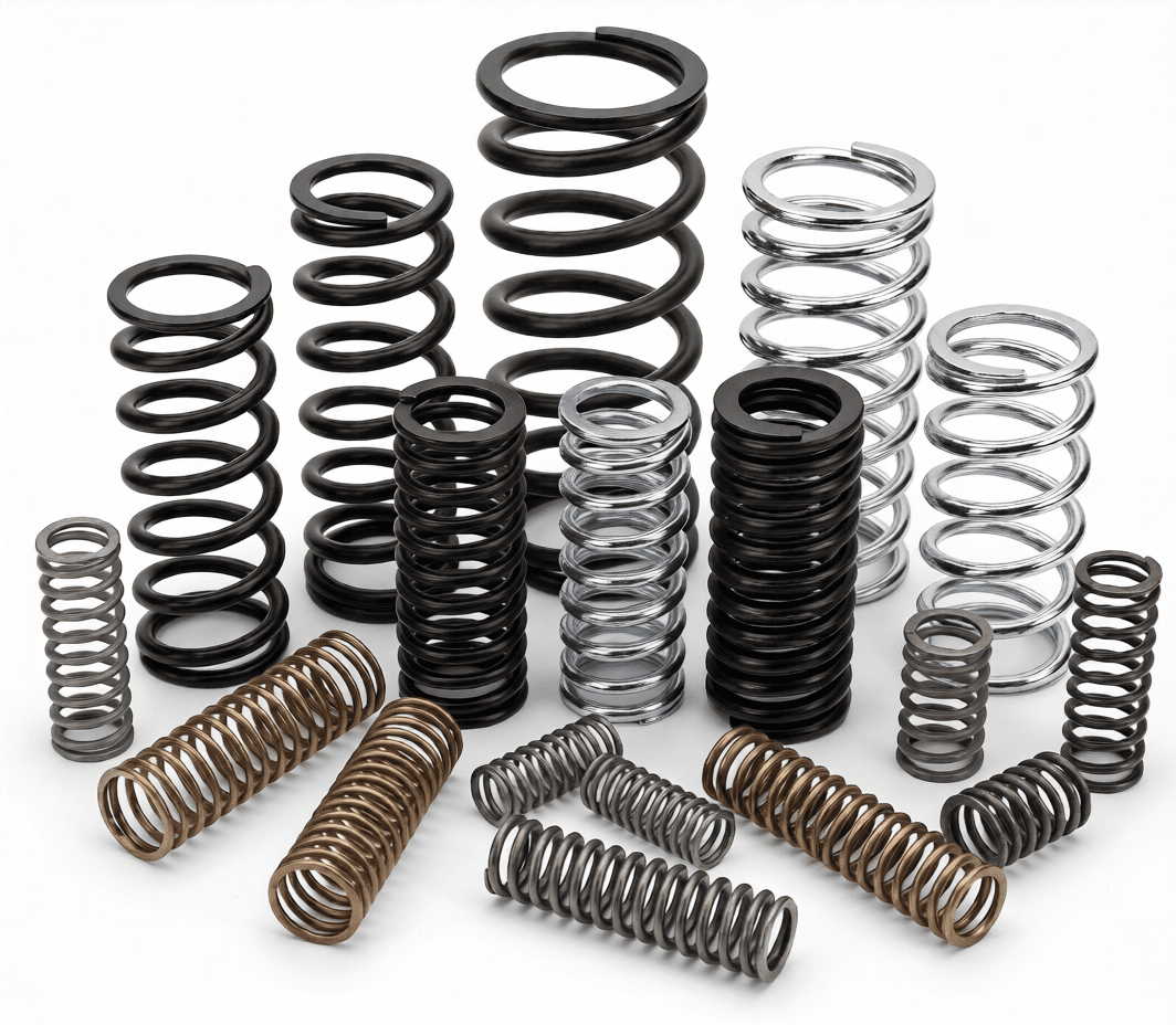Mixed industrial compression springs in steel and coated finishes